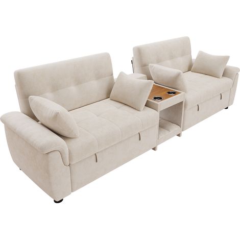 Divano letto a U estraibile in ciniglia beige con schienale regolabile e 2 portabicchieri (1/5)