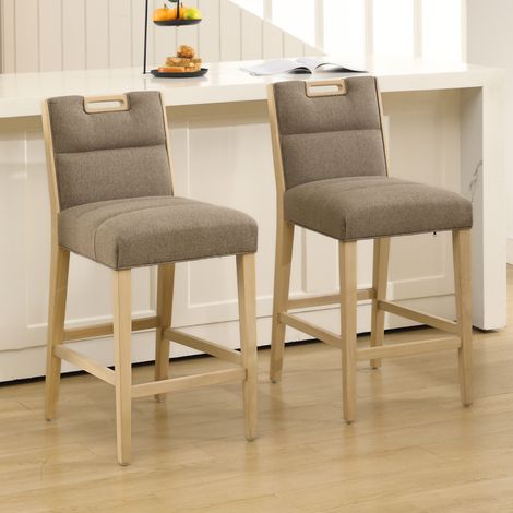 Wahson Lot de 2 Tabouret Bar Bois sans Accoudoirs, Chaise Haut Bar en Lin, Tabourets de Comptoir pour Ilot Central, Cuisine, Salle à Manger, Kaki