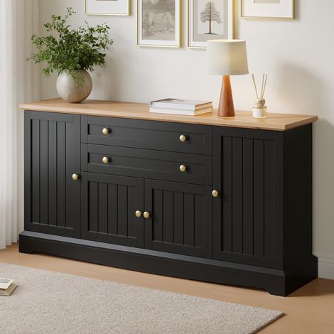 Buffet 160 cm 4 portes 2 tiroirs, Bahut commode avec étagères réglables, Design à lignes verticales, meuble de rangement salon salle à manger, Noir (1/5)