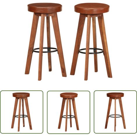 The Living Store Chaises de bar lot de 2 cuir véritable et bois d'acacia solide - Chaise De Bar - Tabouret De Bar - Meuble De Salon - Meubles Design - Cuisine Moderne (1/5)