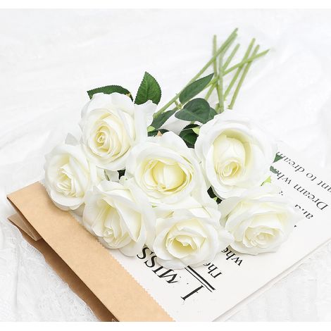Lot de 5 roses artificielles, couleurs vives, longue durée de vie, attrayantes, fausses fleurs décoratives en soie blanche.-AquaForge (1/5)
