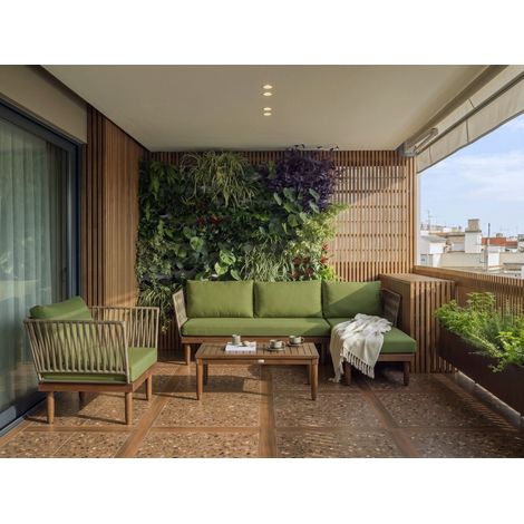 Conjunto de jardín sofá esquinero izquierdo sillón y mesa de centro madera de acacia marrón oscuro y verde Cremona (1/5)