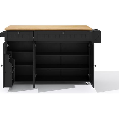 Isla de cocina plegable de MDF negro 137 x 70 x 89,5 cm con almacenaje y ruedas con freno (1/5)