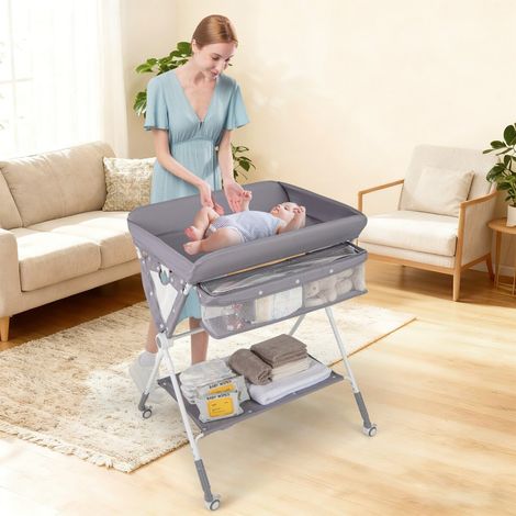Table à langer pliante pour bébé, table à langer portable, hauteur réglable sur 4 niveaux avec roues, étagère et panier - gris (1/5)