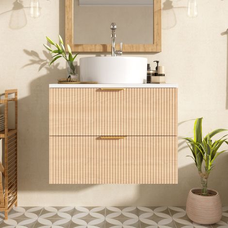 Meuble de salle de bain mural 60 cm avec vasque ronde en céramique, façades de tiroirs aspect bois avec design rayé, panneau MDF de qualité, grand espace de rangement : 2 tiroirs + plan de travail