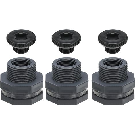 Raccord de Cloison en PVC avec Bouchon G 3/4, 3 Pièces Raccord de Cloison Fileté Double avec Joint d'Étanchéité en PVC pour Seau de Pluie, Éviers, Gris (1/5)