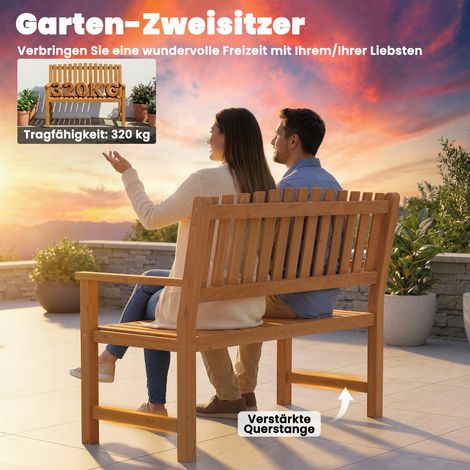 Banque de jardin 2 places, banc en bois avec design lamellé, accoudoirs, résistant aux intempéries, charge max 320 kg, 112 x 64 x 92 cm, bois naturel (1/5)