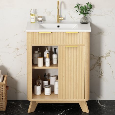 Mueble de baño con lavabo 61 cm, 3 cajones, puerta corredera, madera natural OKMYHOME (1/5)