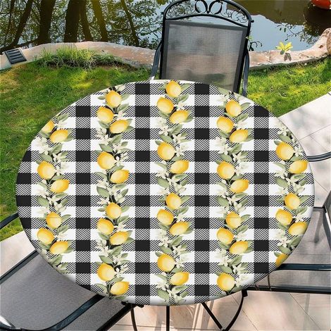 Nappe ronde avec élastique Ø 90cm - Motif citron en treillis - Imperméable et lavable