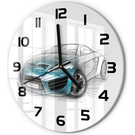 Horloge Murale Ronde Intérieur en Verre Silencieuse Moderne Toute Pièce Croquis de voiture fi 30 cm (1/5)