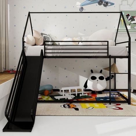 Lit superposé - SOGEU - Cabane avec toboggan - Métal noir - 2 couchages 90x200 cm - Échelle (1/5)