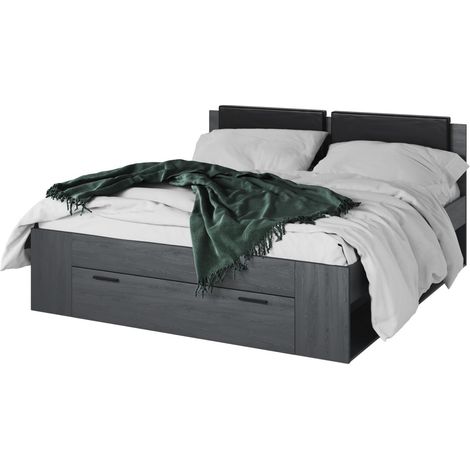 Erwachsenenbett 180x200 mit Lattenrost und integrierten Schubladen - Kollektion FLOYD. Farbe: Grau, Holzeffekt.