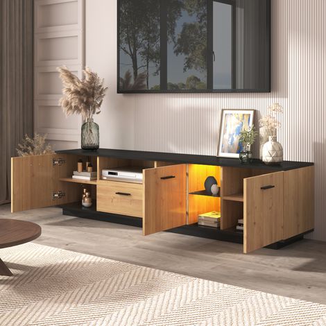 TV Lowboard mit 3 Türen, 1 Schublade, 2 offenen Glasfächern und LED, für Wohnzimmer, MDF, Schwarz und Holz, 180×37×45 cm (1/5)