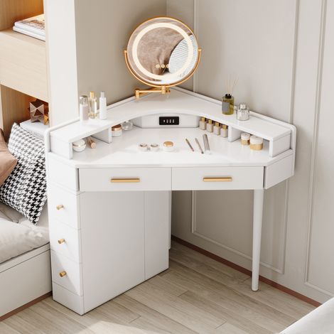 Coiffeuse d'angle moderne avec miroir LED pivotant (éclairage à intensité variable), 5 tiroirs, ports USB et USB-C, blanche - 105.5x75x120 cm (1/5)