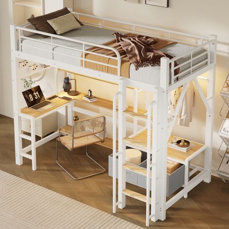 Hochbett 90x200 cm, mit Schreibtisch, LED Lichtleiste, USB Anschluss, Regalen, MDF Metall, Weiß (1/5)