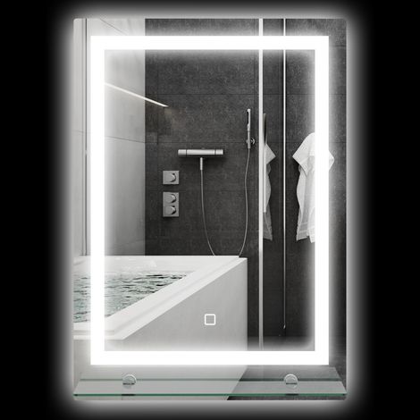 Specchio da bagno a LED Irovami, luminosità regolabile, antiappannamento, interruttore touch, mensola, 50 x 70 cm, argento