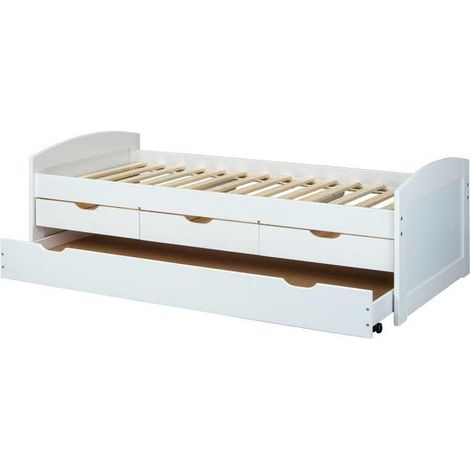 Ulli Lit simple 90x200 lit avec sommier à lattes, 3 petits et 1 grand tiroir/lit d'appoint, blanc. (1/5)