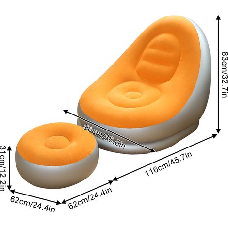 (Orange) Ensemble pouf gonflable portable et repose-pieds, doux et floqué, adapté à la chambre familiale. (1/5)