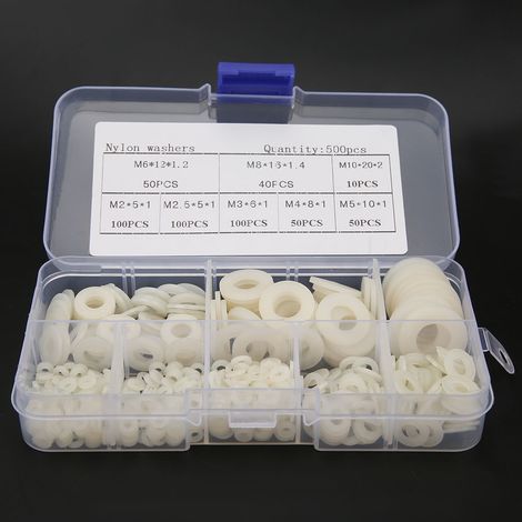 500 Stück/Box Nylon-Unterlegscheiben-Set M2 M2,5 M3 M4 M5 M6 M8 M10 Befestigungselemente Zubehör Weiß (1/5)