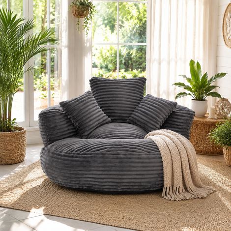 Poltrona sacco 108x108x52 cm grigio scuro, schienale alto, velluto a coste, senza montaggio MEUBLIV (1/5)