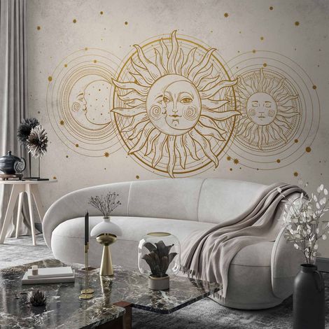 Fototapete – Goldene Sonne und goldener Mond – künstlerische Illustration im Retro-Stil / Kosmische Harmonie – Sonne, Mond und Sterne in Goldtönen (1/4)