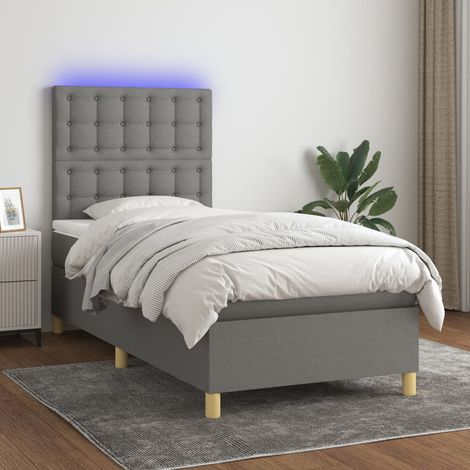 Cama box spring colchón y luces LED tela gris oscuro 80x200 cm