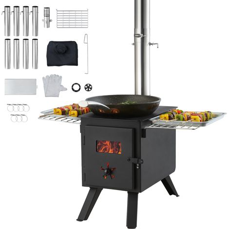 Poêle à bois, 218,4 cm, poêle de tente de camping en acier allié portable avec 8 tuyaux de cheminée et gants, poêle de tente chaude pour la cuisine et le chauffage en plein air (1/5)