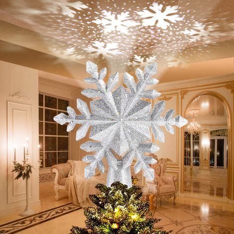 Topper d'arbre de Noël, 3D Forme de Flocon de Neige Arbre de Noël Topper avec Projecteur de Flocon de Neige LED Rotatif, pour Noël, Décoration de Fête (Fiche UE, Flocon de Neige Argenté) (1/5)