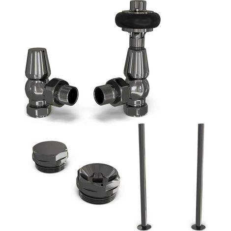 Signature Wooden Head - Thermostatic Radiator Valve & Installation Kit - Black Nickel Angled 15mm