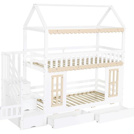 Letto a castello per bambini a casetta 90 x 200 cm in pino e MDF bianco naturale (1/5)