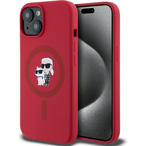 Karl Lagerfeld Silikonhülle mit Karl&Choupette-Kopf-Ring und MagSafe-Motiv für iPhone 15, Rot (1/5)