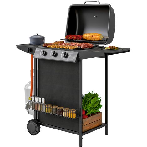 Barbecue à gaz avec 4 brûleurs indépendants et couvercle avec thermomètre, 108 x 54 x 97 cm, noir