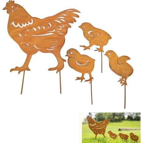 4-teiliges Gartenhühner-Set, Tierfigur für den Garten, Hühnersilhouetten aus Metall, Rostiges Hühner-Gartenmotiv, Dekorative Kunst für Terrasse und Balkon (A)
