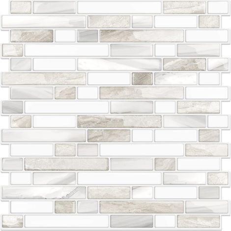 Design plus épais Pelables et adhésifs, autocollant mural carrelage pour cuisine et salle de bain, Beige & Blanc, 12"×12", 10 feuilles (1/5)