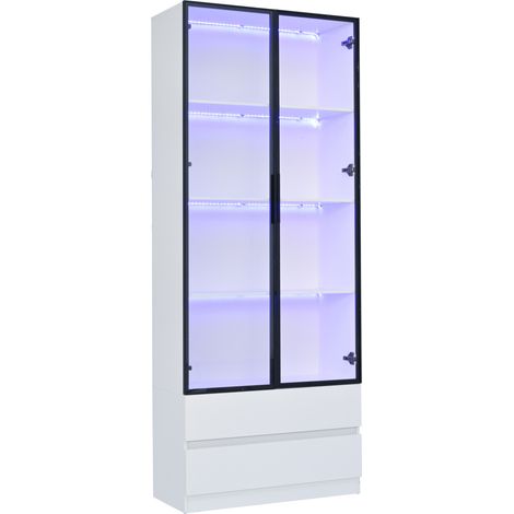 Vitrine blanche en MDF 80x34x200 cm avec 2 portes en verre aluminium, 2 tiroirs et éclairage LED contrôlable par application (1/5)