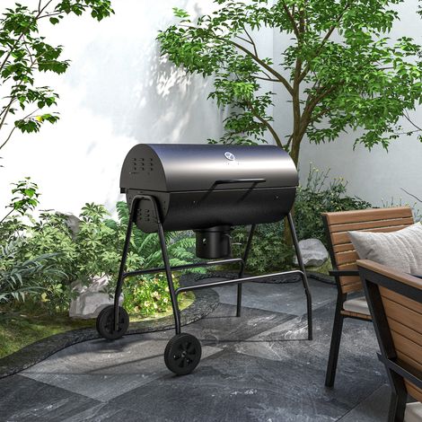 Barbecue a carbone in metallo con coperchio, termometro, ruote e carrello, dimensioni 95x71,5x102 cm, colore nero.