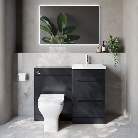 Napoli 390 Cento Gloss Grey 1100mm 2 Drawer Vanity Unit Toilet Suite with Glide Basin - 1100mm - Chrome 320mm HandleWith Kingston Toilet Pan and Seat