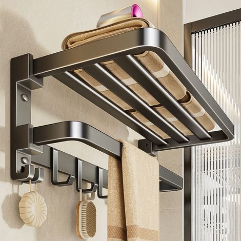 Porte-serviettes gris anthracite, en aluminium spatial, sans perçage, pliable, idéal pour le rangement dans la salle de bain, robuste et durable. (1/5)