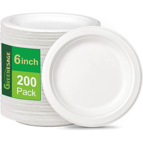 Lot de 200 assiettes jetables en carton - 15 cm - Blanches - Rondes - Petites assiettes de fête - En canne à sucre - Vaisselle jetable biodégradable (1/5)