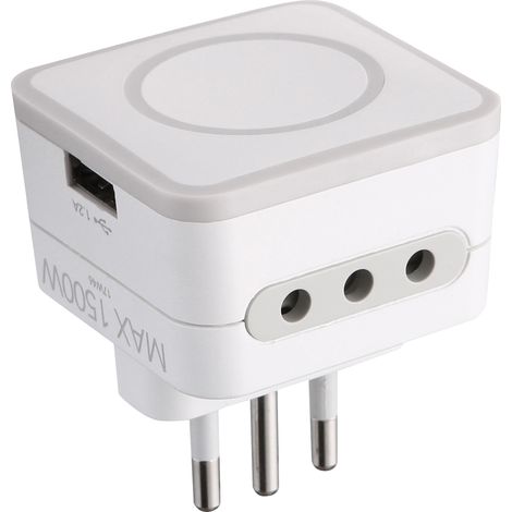 Adattatore Triplo 2 Prese 10A e 1 USB Output 1.2A Spina Piccola 10A, Grigio