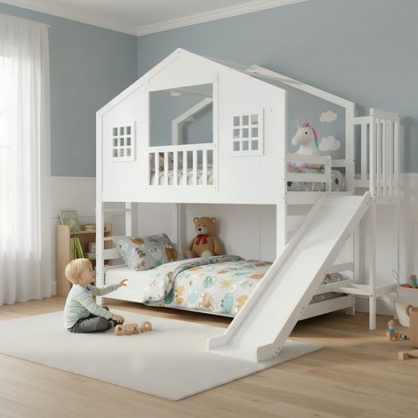 Etagenbett mit Kinderrutsche, Kinderbett, Exquisites Fenster- und Dachdesign, Stabiler Lattenrost und Stufen, Kiefer + MDF+Sperrholz, Weiß, 90x200cm