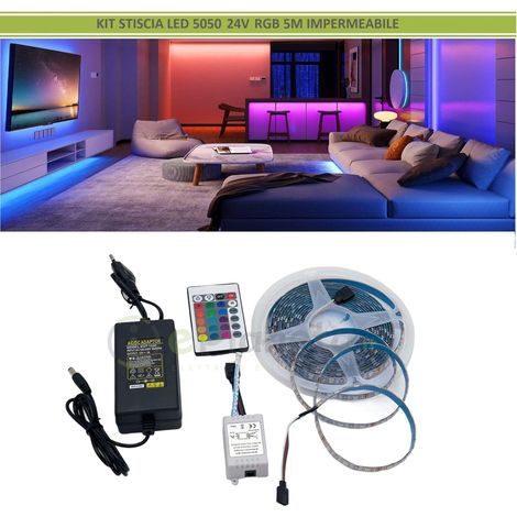 Kit completo striscia led RGB 5 metri 24V 16W 5050 con telecomando trasformatore strip impermeabile esterno (1/7)