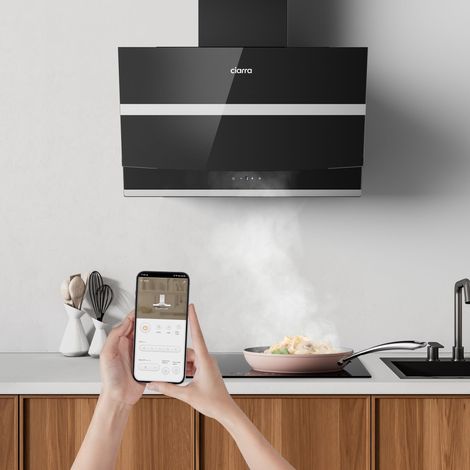 Ciarra Hotte Aspirante Noire Inclinée 60cm Hotte Murale 650 m³/h 3 Vitesses Hotte de Cuisine Connectée Recyclage ou Evacuation Filtre au Charbon NON INLUS (1/5)