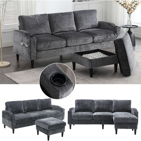Elegantes 4-Sitzer Sofa aus Chenille-Stoff mit Ottomane und Stauraum, Getränkehalter, bequemen Armlehnen, grau