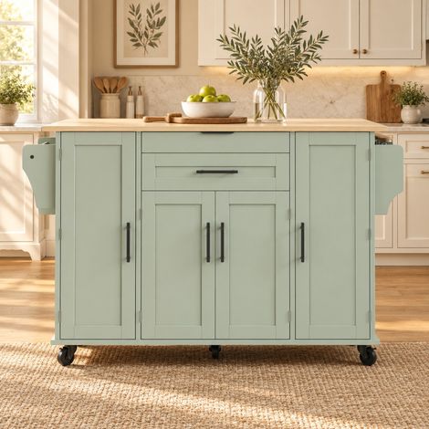Isla de cocina móvil 136 x 70 x 92 cm en MDF verde antiguo con almacenaje - CHICFURN (1/5)
