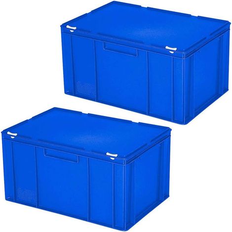 BRB Lot de 2 boîtes Euro avec couvercle, empilables, qualité alimentaire, L x l x H : 600 x 400 x 330 mm, 63 l, PE-HD, bleu