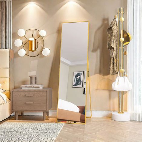 Miroir sur pied 140x 40 cm – Cadre aluminium minimaliste – Miroirs mural à poser ou suspendre – Design moderne pour salon et chambre – Couleur doré