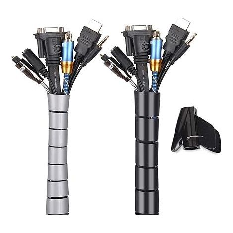 Black and Grey, Cable Cover 2 Pack, Flexible Range 2x3M PE Cable Storage Cable Organizer for Storing or Hiding Cables, Cable Sleeve (2.8cm Ø and 2.2cmØ), Organizer