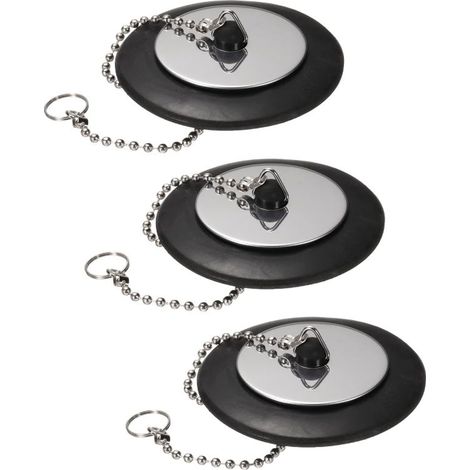 Lot de 3 50mm bouchons d'évier en caoutchouc avec chaîne à boules Noir bouchons d'évier de cuisine de salle de bain (1/5)