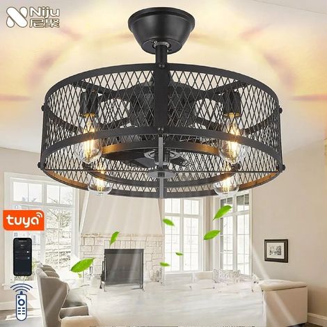 Ventilateur de plafond noir 45 cm avec éclairage LED, cage métallique, moteur réversible, 6 vitesses, télécommande,Noir,Ampoules non incluses (1/5)